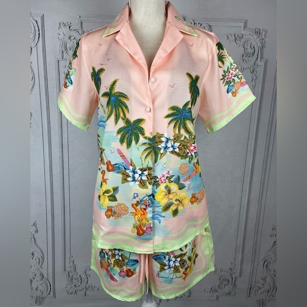 Cocomo Island Loose Fit Casual Shorts Set Single-Breasted Tropical Top - Picture 3 of 16